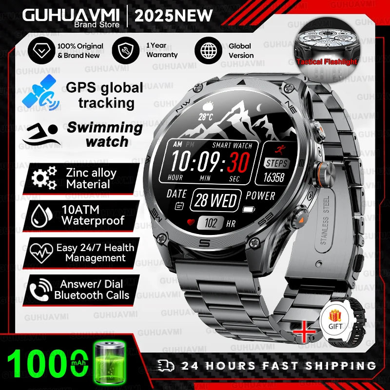 2026 New Military GPS Smart Watch 1000Mah Battery Compass IP68 Waterproof Tactics Sport Flashlight BT Call Smart Watch For Men