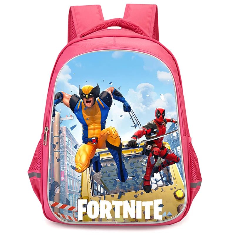 Mochila Fortnite Cartoon vermelha de 16" unissexo com fecho duplo, grande capacidade, mochila escolar para crianças, meninos e meninas dos 5 aos 8 anos