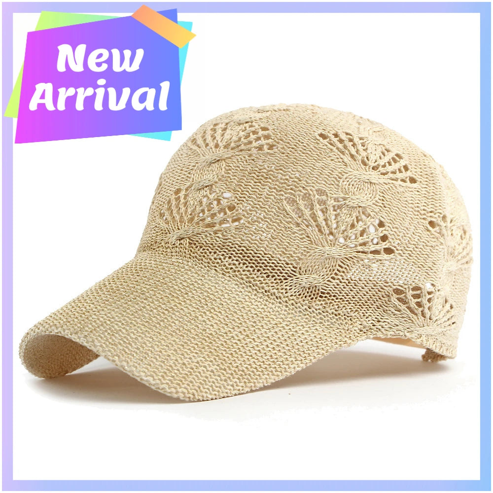 Sommerliche, glänzende Baseballkappe mit durchbrochenem Strickmuster für Damen, Outdoor-Sonnenhut, atmungsaktiv, figurschmeichelnd, vielseitig einsetzbar