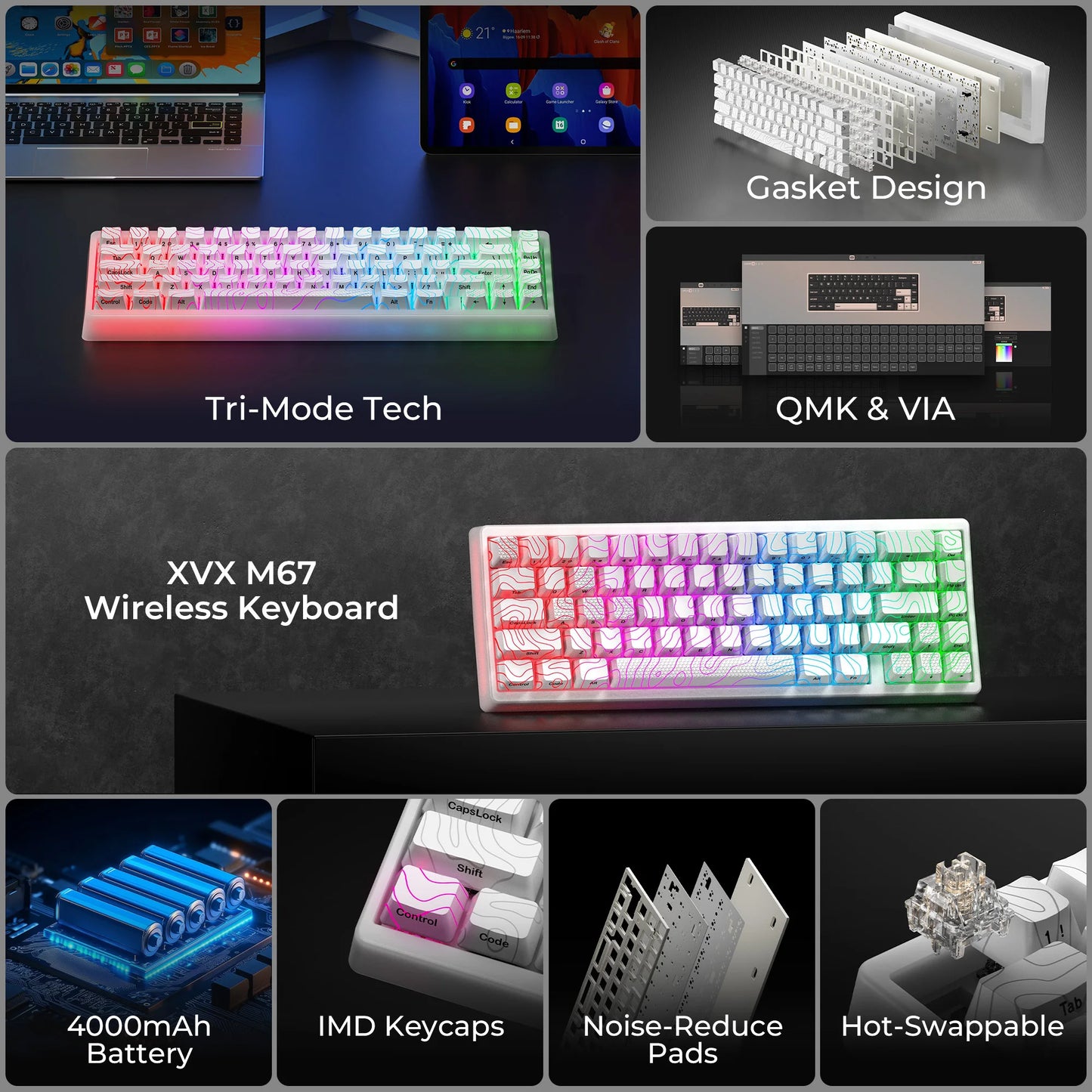 XVX M67 JadeStone mechanische Tastatur mit IMD-Tech-Tastenkappen, Hot-Swap-fähig, Gasket-Mount, Tri-Mode, individuell anpassbares RGB, kabellose Tastatur 65%