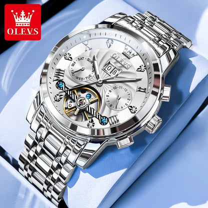 OLEVS 9910 Original Men's Automatic Mechanical Watch Luxury Skeleton Stainless steel Waterproof Luminous Watches