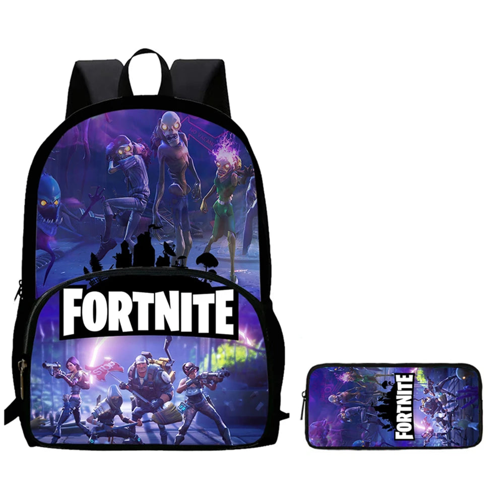2Pcs Kids School Bag Set FORTNITE Cartoon, Lightweight & Durable Backpack and Pencil Bag with Front Pocket, Boys & Girls 5-10