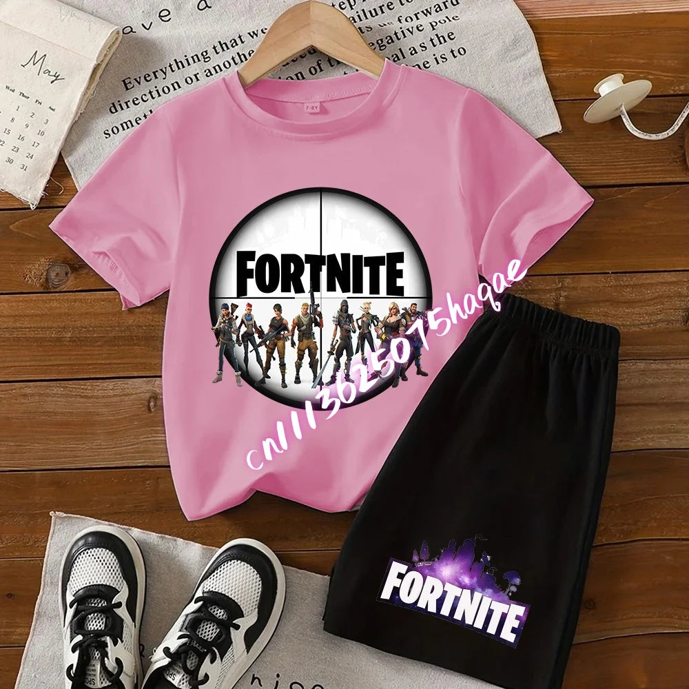 Conjunto infantil de verão Fortnite com t-shirt e calções anime, 2 peças, manga curta, algodão, casual, desportivo, presente