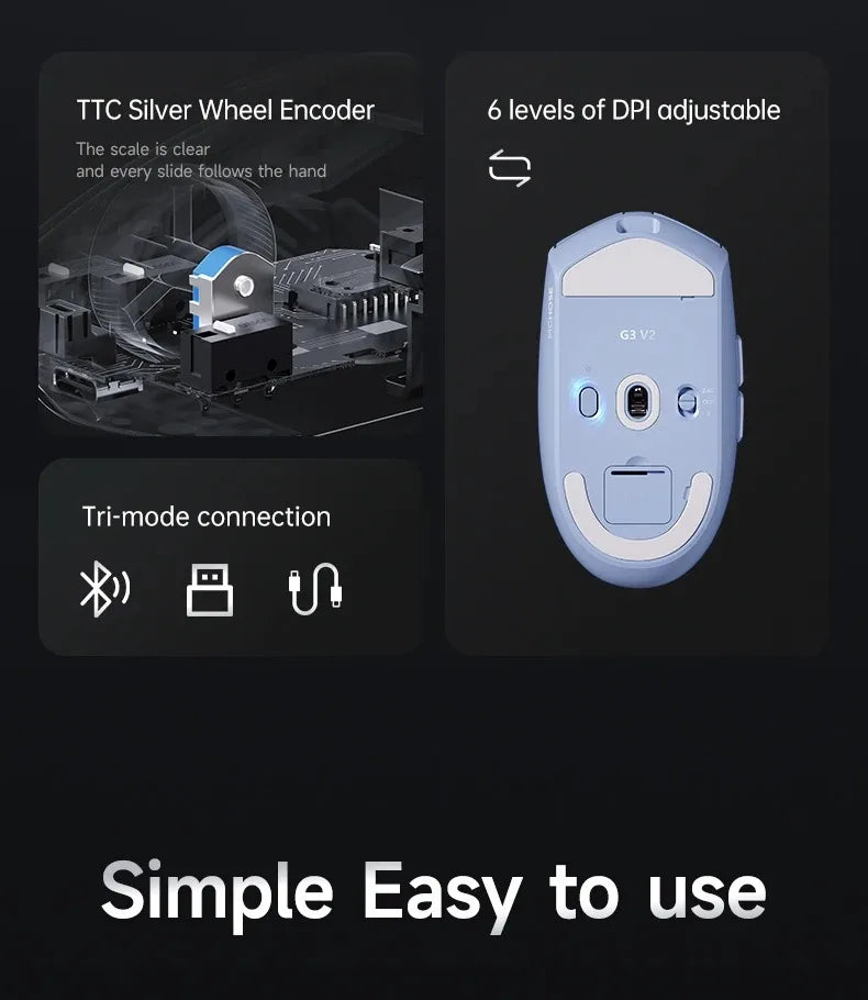 Bezdrátová e-sportovní myš MCHOSE G3 V2 Pro, lehká, tři režimy, Bluetooth, PAW3395, vysoký výkon, 800mAh, pro hry i kancelář, 59g myš