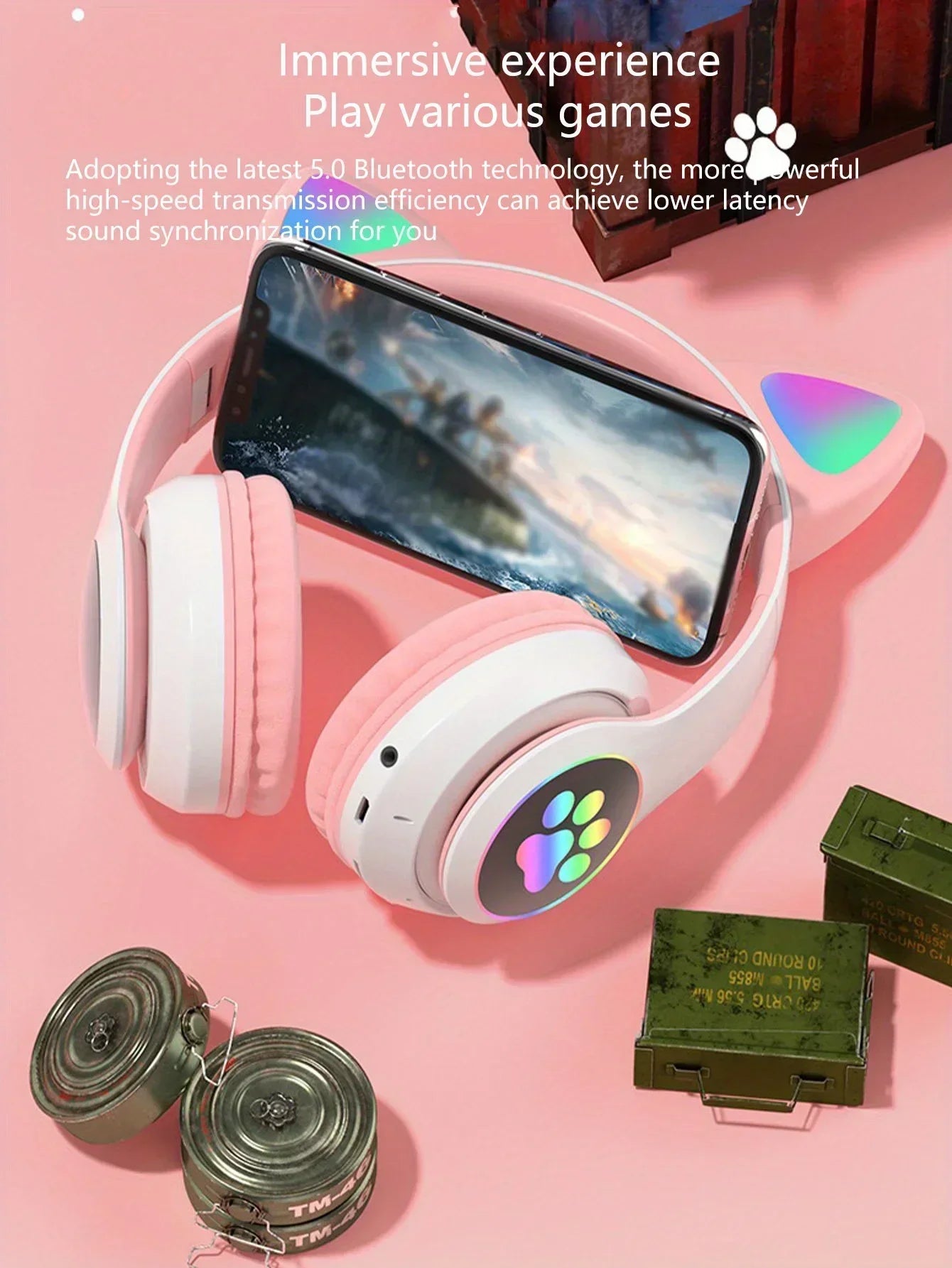 Cute Cat Ears Wireless Bluetooth Headphones with Mic LED Lights, Kids Stereo Music Headset, Cat Ear Wireless Headphones with Noise Cancelling, Gaming & Gift Headphones