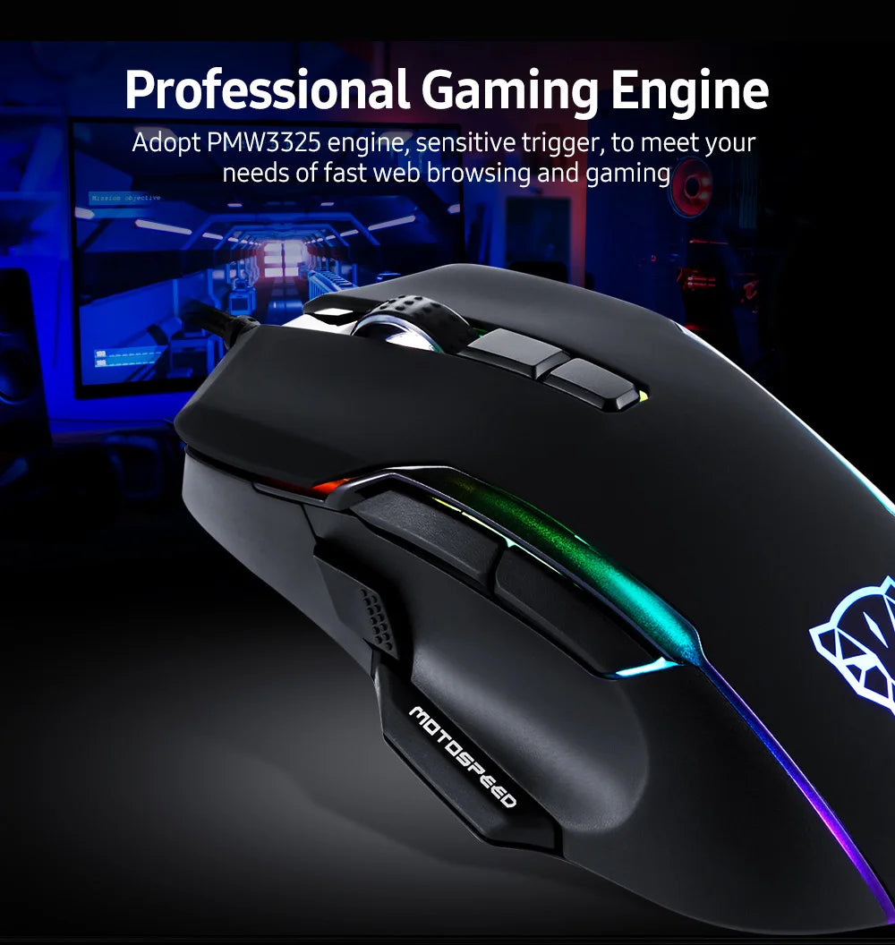 Motospeed V90 Wired Gaming Mouse RGB Backlight 8 Adjustable 50000 DPI Office Game Mouse Macro Drive PMW3325 For Laptop PC