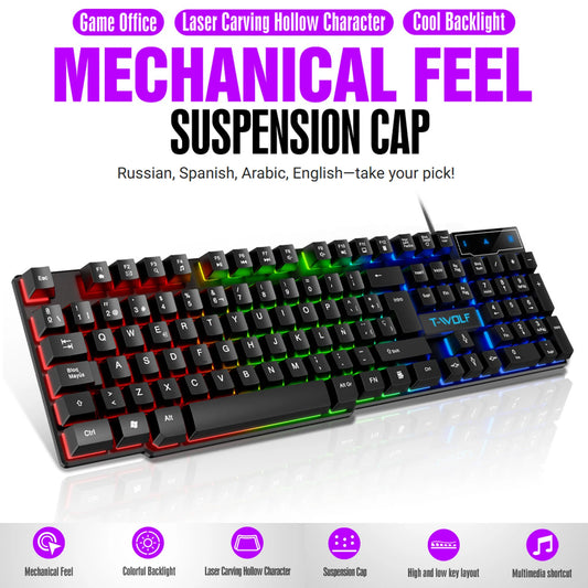Mechanical feel Gaming Keyboard Light Backlit RGB wired keyboard USB office home  media keys Russian Spanish Arabic English