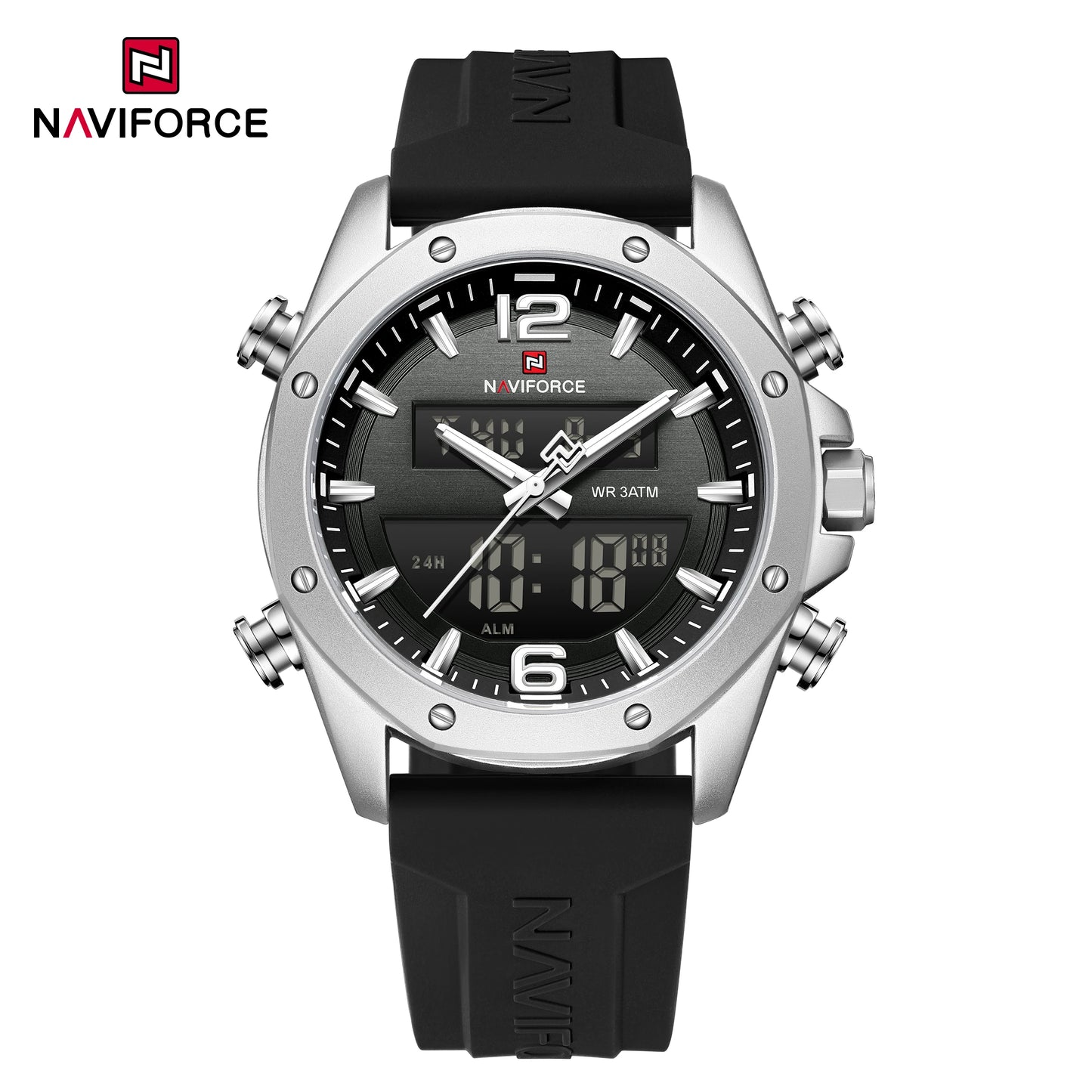 NAVIFORCE Men Quartz LCD Dual Display Watch With Silicone Strap 3ATM Waterproof Shockproof Night Light Round Case Sport Casual