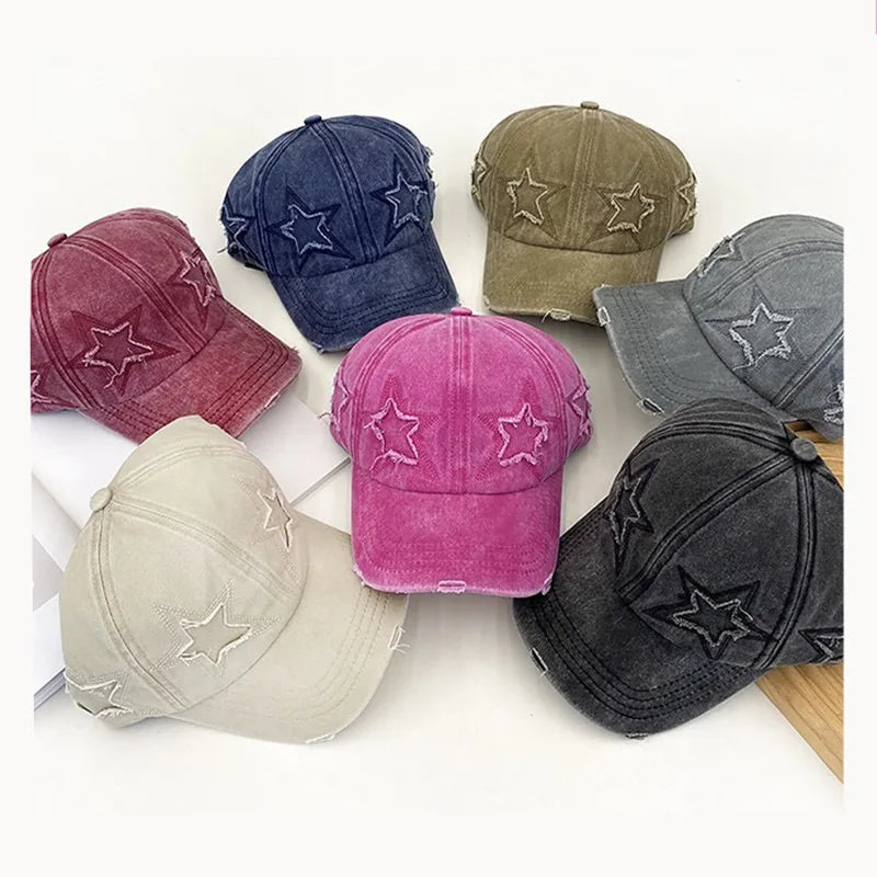 Women's Five Pointed Star Design Washed Cotton Baseball Cap Fashion Street Dad Hat