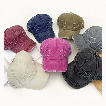 Women's Five Pointed Star Design Washed Cotton Baseball Cap Fashion Street Dad Hat