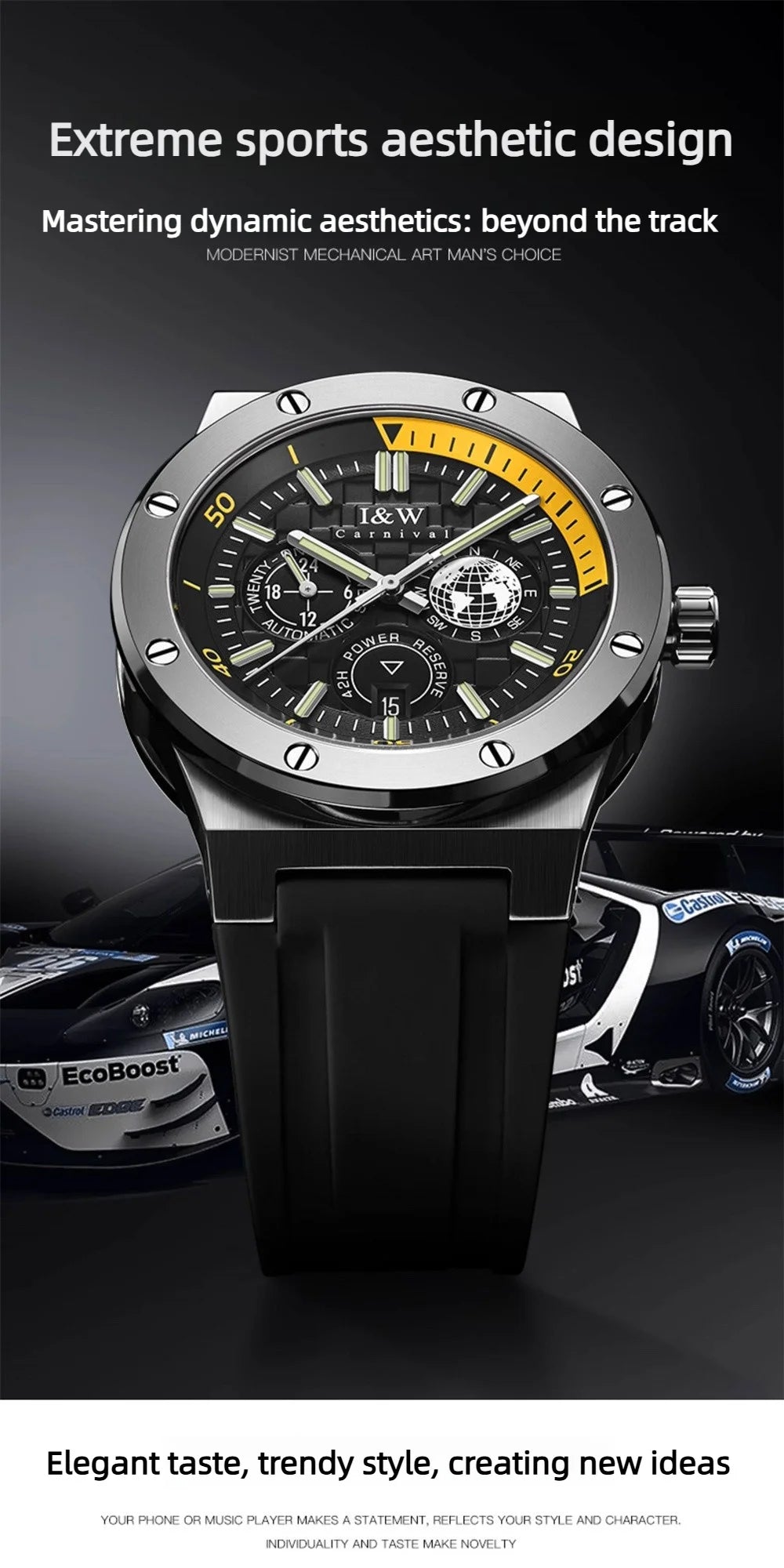 Carnival Brand IW High-End Series Luxury Imported Movement Mechanical Watch Men Sport Rubber Strap 50m Waterproof Fashion Watch