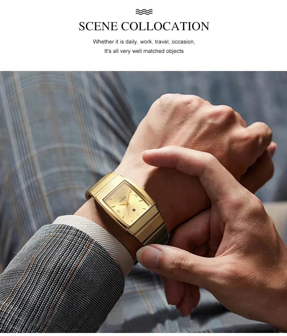 Relogio Masculino WWOOR New Man's Square Watch For Men with Automatic Date Luxury Stainless Steel Gold Mens Quartz Wrist Watches