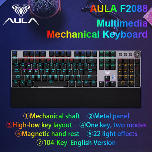 AULA F2088 Mechanical Keyboard Wired Gaming Keyboard Multi-Function Knob 104 Keys Magic Backlit Keyboard Macro Programming Compu