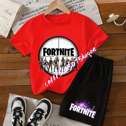 Conjunto infantil de verão Fortnite com t-shirt e calções anime, 2 peças, manga curta, algodão, casual, desportivo, presente