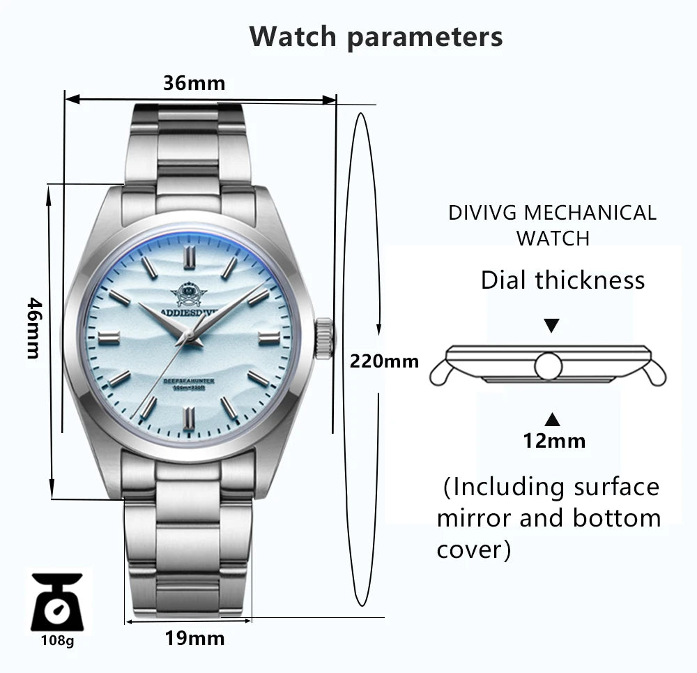 ADDIESDIVE HOT AD2030 36mm Men's Watch No Logo Sports Bubble Mirror Pot Cover Glass 10Bar Quartz Wristwatches