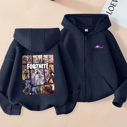 Casaco Outdoor Infantil Cartoon FORTNITED para Rapariga e Rapaz, Sweatshirt com Fecho, Corta-Vento Fino de Alta Qualidade para Outono, Peça Superior de Vestuário