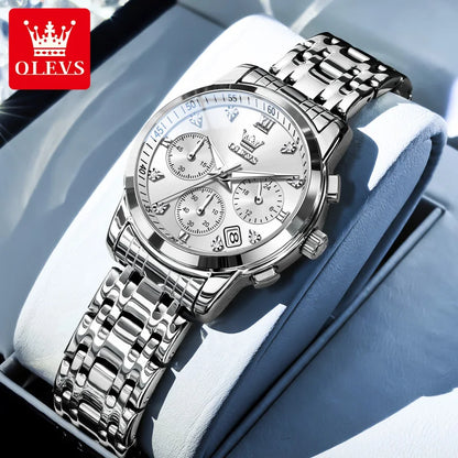 OLEVS 2858 Chronograph Quartz Wristwatches for Woman Fashion Elegant Classic Auto Date Waterproof Stainless Steel Women's Watch
