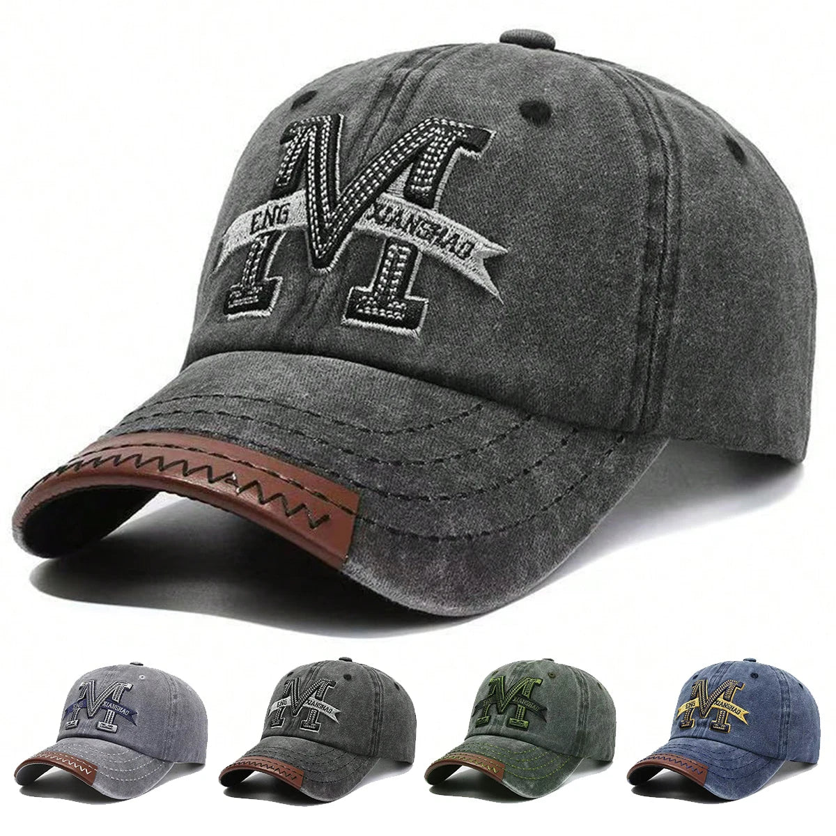 Unisex M Letter Embroidery Wash Baseball Caps Outdoor Adjustable Spring and Autumn Casual Sunscreen Hat