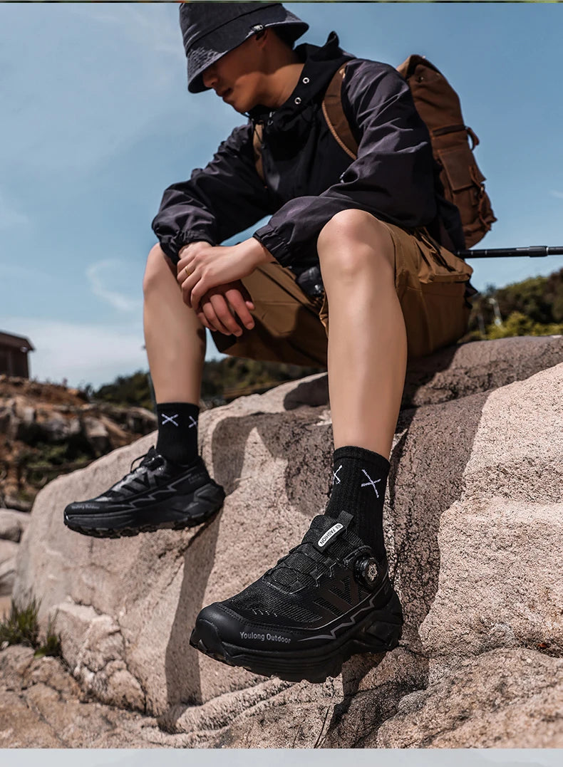 Outdoor Hiking Shoes for Men, Lightweight Trekking Shoes, Breathable Mesh Sneakers, Casual Walking Shoes, Rotating Buckle Design, Non-Slip and Wear-Resistant Trail Shoes, Suitable for Hiking and Camping, 2026 New Running Shoe