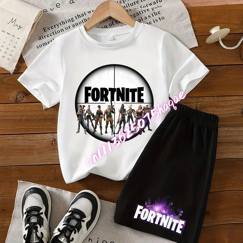 Conjunto infantil de verão Fortnite com t-shirt e calções anime, 2 peças, manga curta, algodão, casual, desportivo, presente