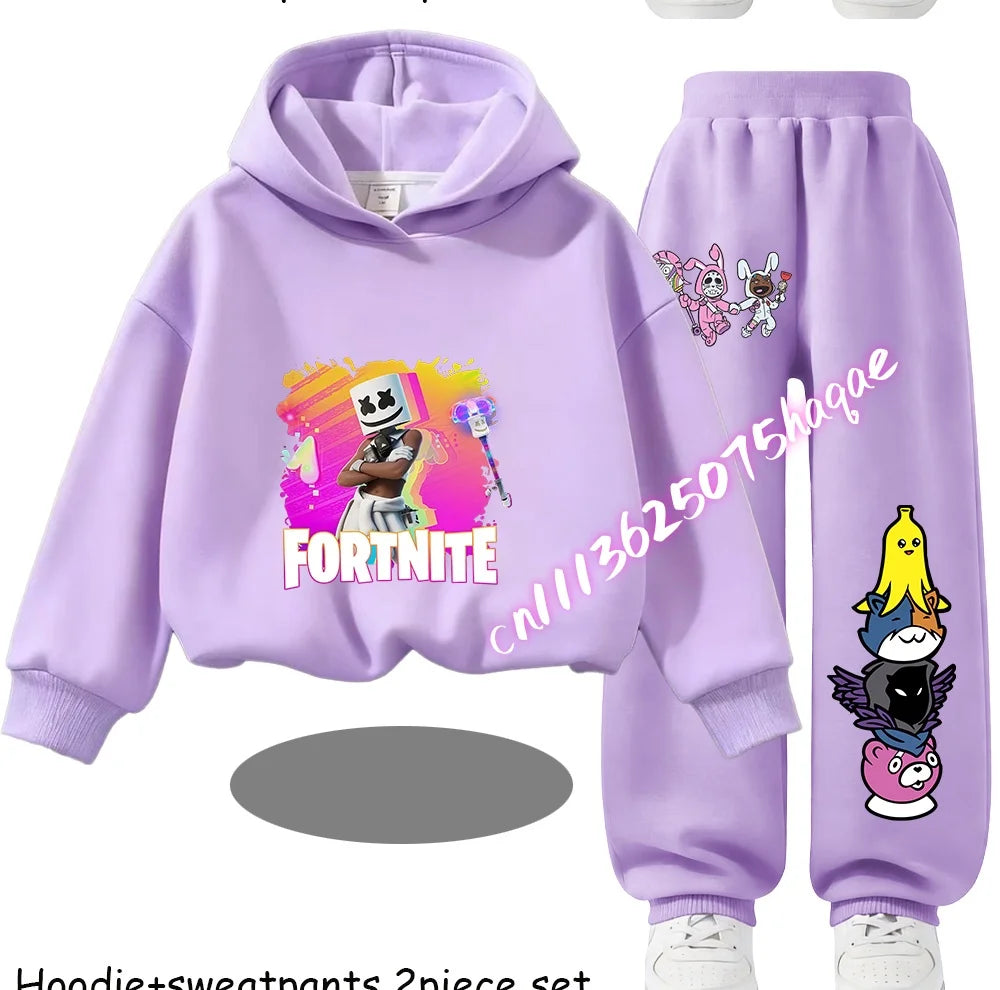 Fortnite Printed Children's Hoodies Cartoon Comfortable 2pcs Suit Loose Long Sleeve Tops with Pant Autumn Winter Clothes Gift