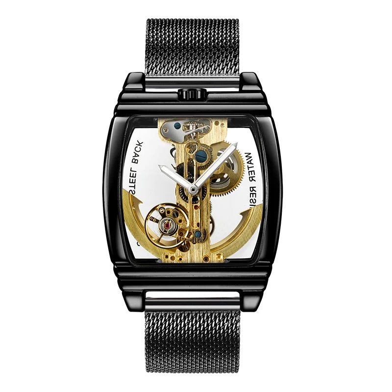 SHENHUA Mens Watches Top Brand Luxury Automatic Mechanical Transparent Skeleton Bridge Watch Leather Belt Wristwatch Male Clock
