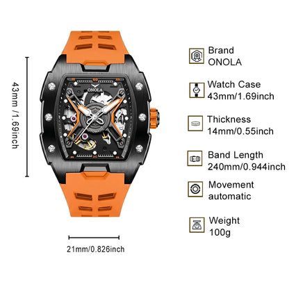 ONOLA Men's Rose Gold Automatic Mechanical Watch Silicone Strap Waterproof Luminous Hollow Dial Watch