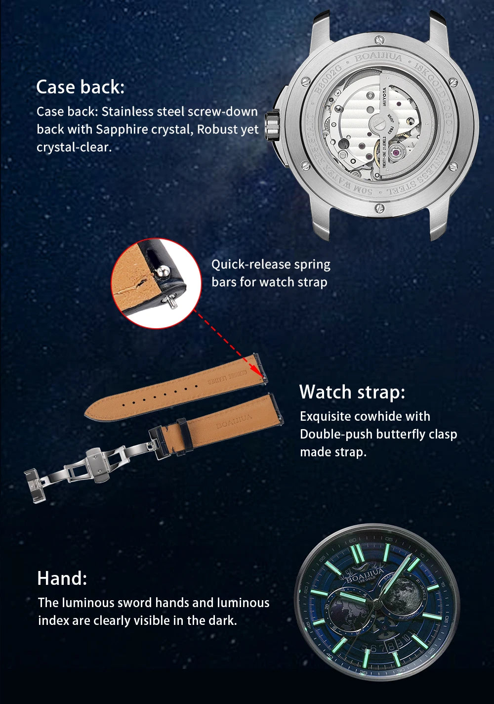 BORIAGE(BOAIJIUA) vollautomatische mechanische Herrenuhr mit Originaldesign, wasserdichte leuchtende mechanische Armbanduhr