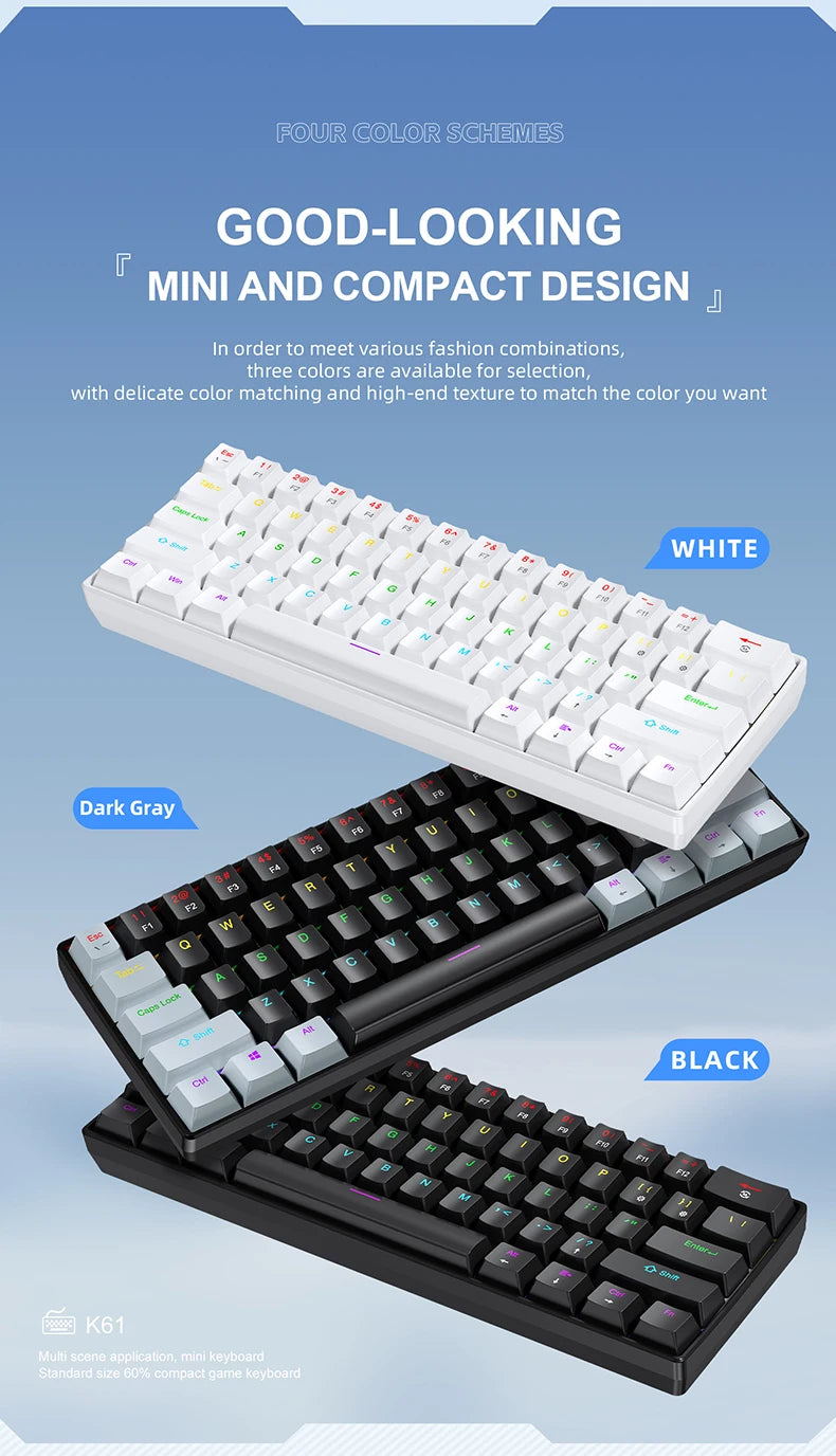 APAYADO K61 60% mini laidinė mechaninė žaidimų klaviatūra Phantom RGB, 61 klavišas, raudoni / mėlyni jungikliai, ergonomiška, nešiojama, skirta PC / nešiojamajam kompiuteriui