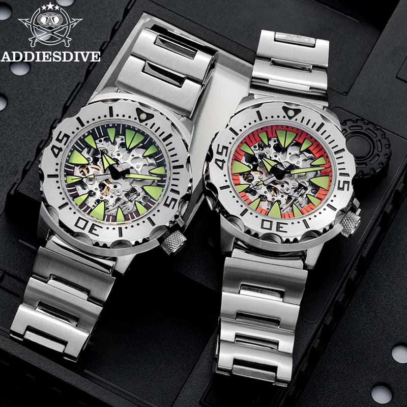ADDIESDIVE  Luxury Automatic Watches for Men Sapphire 8N24 Stainless Steel Skeleton Luminous 20Bar Waterproof Gift Box Watch