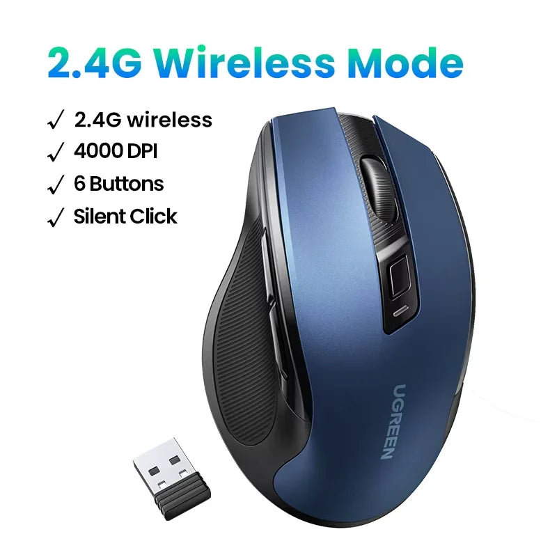Rato sem fios UGREEN Bluetooth 5.0 ergonómico, 4000DPI, 6 botões silenciosos, para MacBook, tablet, portáteis, computador e PC, rato 2.4G