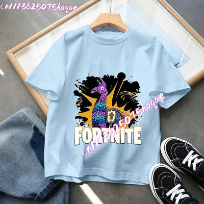 Fortnites Kids Blue Cotton T Shirt Fortress Night Baby Short Sleeve Tees Shirt Cartoon Boy Girl Summer Clothes Kawaii Tops Gift