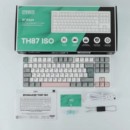 ISO-UK-Layout EPOMAKER TH87 TKL-Layout kabelgebundene/BT/2.4Ghz kabellose mechanische NKRO-Tastatur mit 10000mAh-Akku & RGB-Beleuchtung