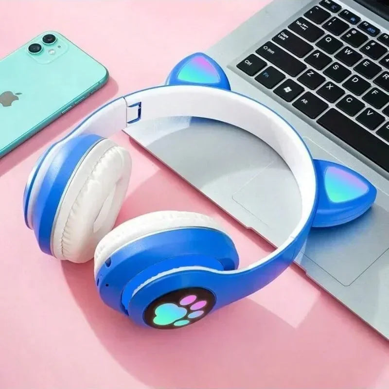 Cute Cat Ears Wireless Bluetooth Headphones with Mic LED Lights, Kids Stereo Music Headset, Cat Ear Wireless Headphones with Noise Cancelling, Gaming & Gift Headphones