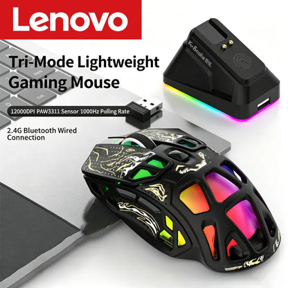 Ľahká herná myš Lenovo Tri-Mode s RGB nabíjacím dokom, 12000DPI, 2.4G/Bluetooth/káblové pripojenie, ergonomická myš pre PC a notebook