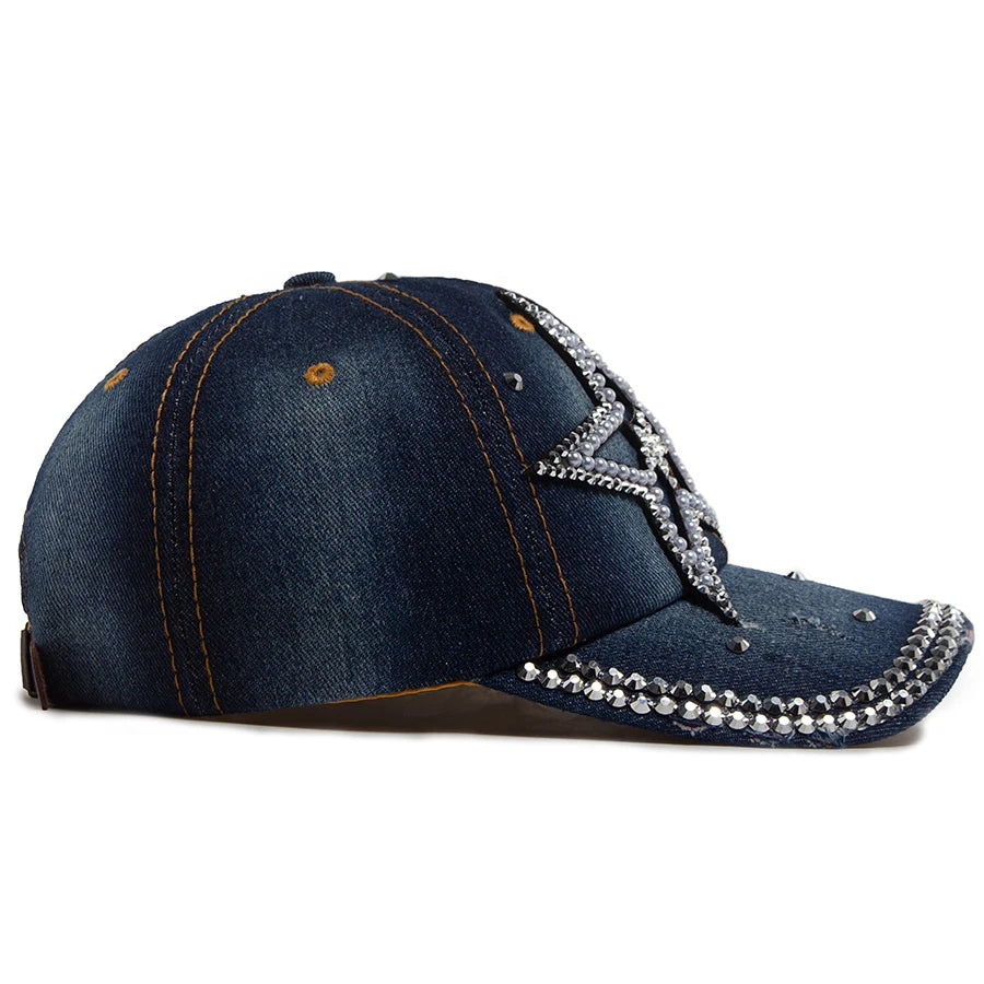 Y2K Pentagram Denim Cloth Baseball Cap Women Fashion Vintage Snapback Men Female Hip hop Shiny Rhinestone Hat For Spring Autumn