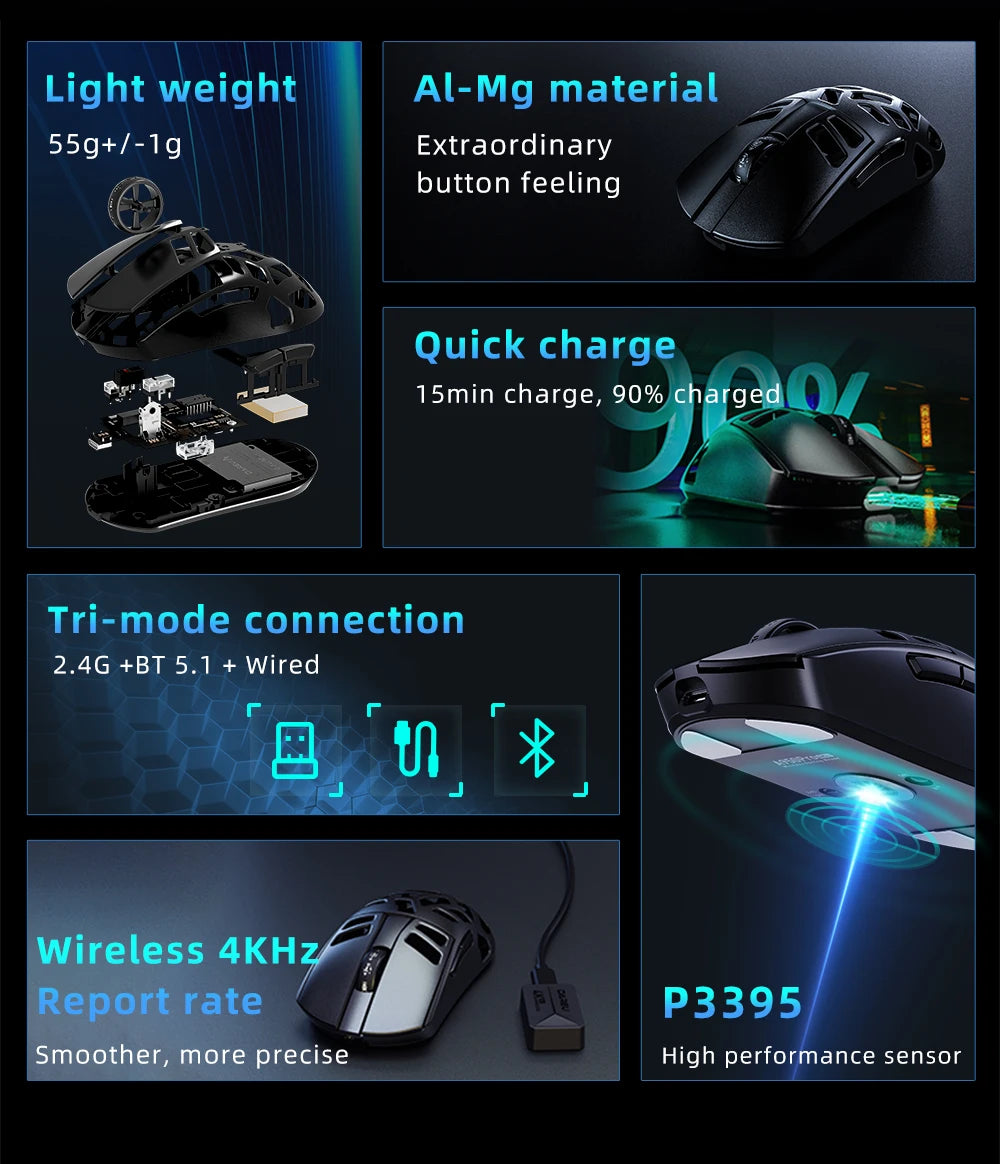 DAREU Al-mg Tri-mode 8Khz PBT Wireless Gaming Mouse Quick Charge PAW3950 30000 DPI Lightweight for PC Gamer