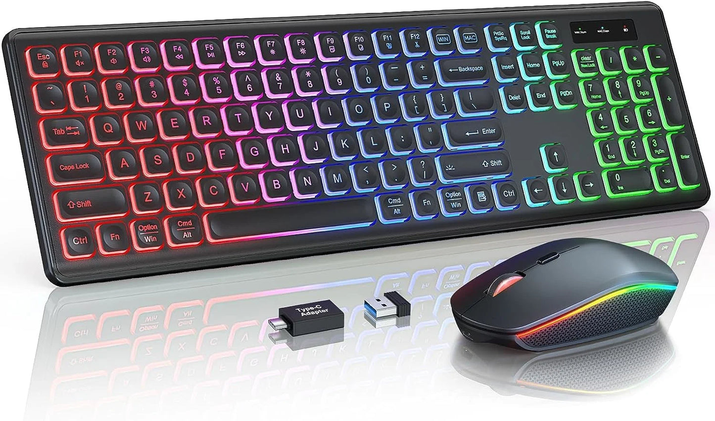 Combo tastiera e mouse wireless con retroilluminazione RGB, lettere illuminate ricaricabili, formato full-size, ergonomico, modalità sleep, 2.4GHz