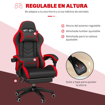 Vinsetto Ergonomic Reclining Gaming Chair 135 ° , Pu Leather Racing Gamer Chair with Lumbar Support, Adjustable Height, Headrest and Retractable Footrest, for Office, Study, Black and Red