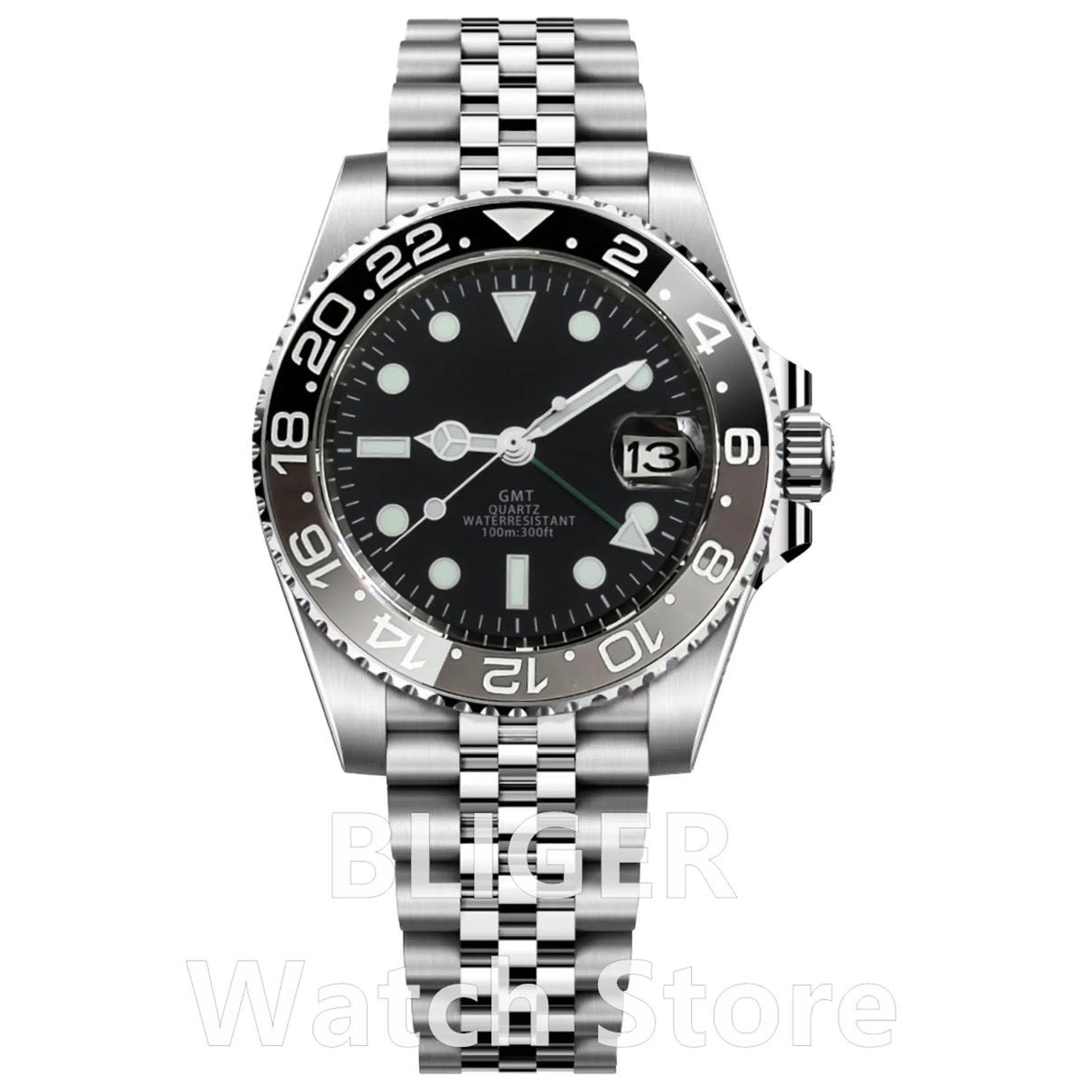 BLIGER 40mm 515 24H GMT Men's Watch Stainless Steel Clasp Luminous Quartz Movement Ceramic Bezel Sapphire Glass 10Bar Waterproof