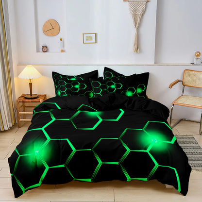 Conjunto de Capa de Edredão 3D Geométrica com Padrão Hexagonal em Favo de Mel, 3 Peças, Roupa de Cama em Poliéster Colorido com Impressão Digital e Fecho de Correr