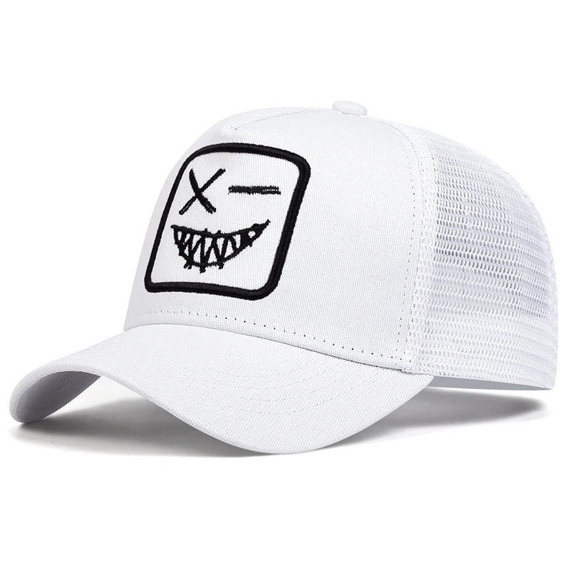 Czapki z daszkiem typu „trucker” unisex z haftem przedstawiającym uśmiechniętą twarz z zębami, z siateczką baseballową, na wiosnę i lato, chroniące przed słońcem, z regulowanym paskiem, na co dzień