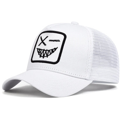 Czapki z daszkiem typu „trucker” unisex z haftem przedstawiającym uśmiechniętą twarz z zębami, z siateczką baseballową, na wiosnę i lato, chroniące przed słońcem, z regulowanym paskiem, na co dzień