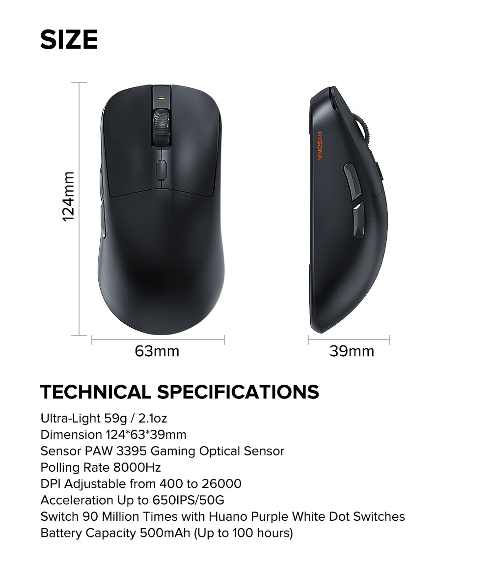 KYSONA M617 Wireless Mouse Ergonomics Tri-mode  Rechargeable 2.4G 59g Lightweight E-sports PAW 3395 DPI 26K Gaming Mouse For PC
