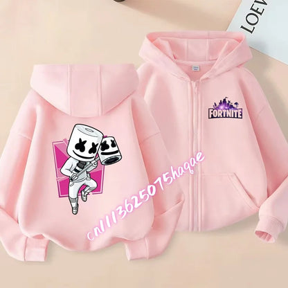 Casaco com capuz infantil Fortnite de outono, com fecho, estampado com personagem de jogo em estilo cartoon, casaco de inverno para criança, roupa para menino