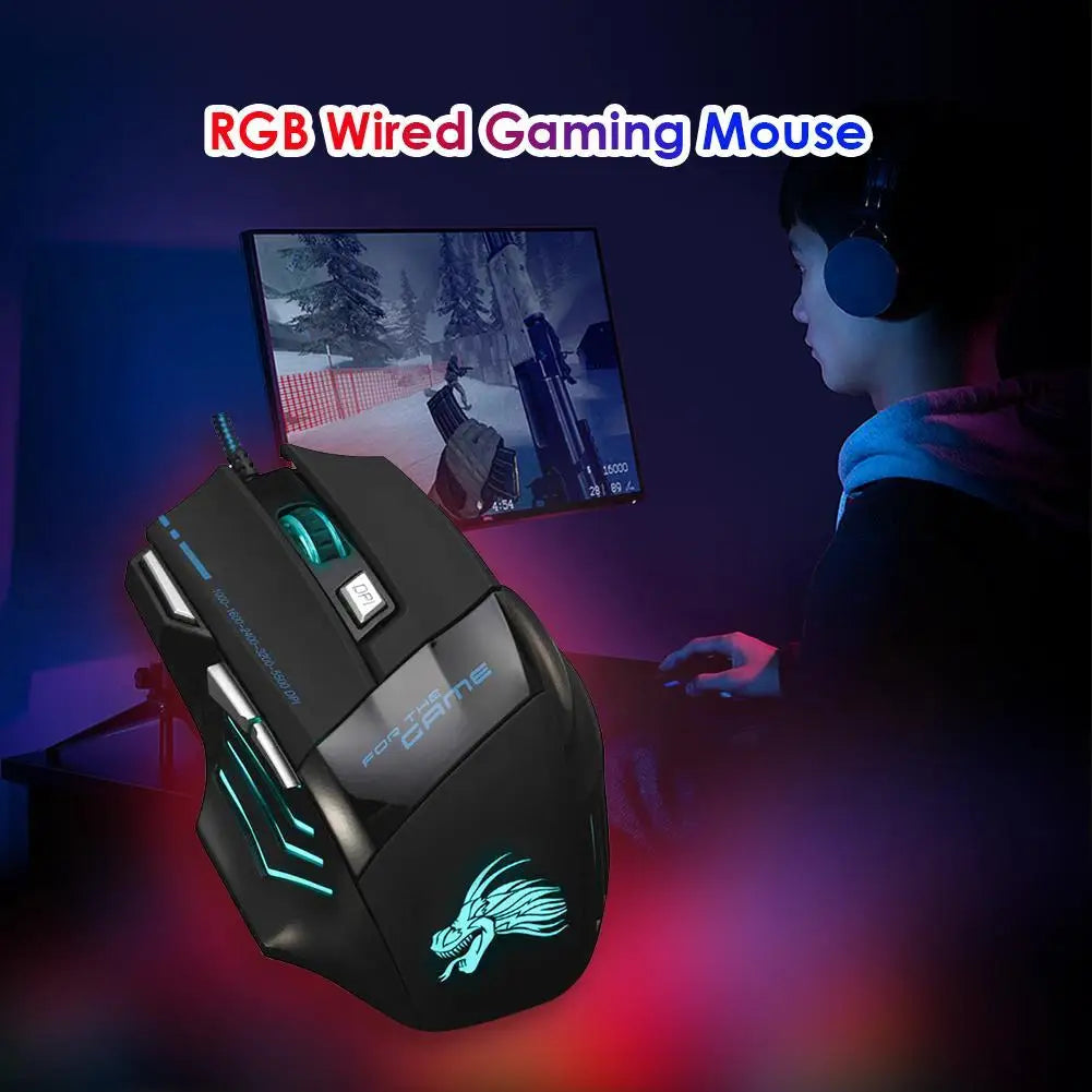 Rato Gaming com Fio, Retroiluminação de 7 Cores, 5500 DPI Ajustáveis, Preto, Rato Ótico com Fio para PC Gamer e Computador de Secretária