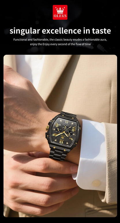 OLEVS New Design Tonneau Watch Men Luminous Waterproof Date Stainless Steel Chronograph Quartz Watches for Men Relogio Masculino