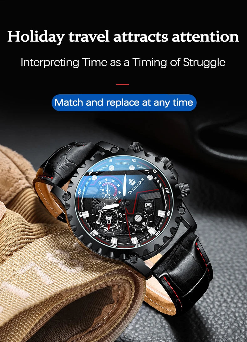 Men's Watch Black Warrior Authentic Trendy Stainless Steel Waterproof Luminous Calendar Male Fashion Quartz Clock Watches Gift