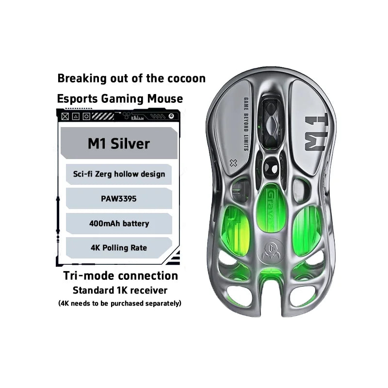 New GravaStar M1 M2 Wireless Magnesium Alloy Gaming Mouse PAW3395 4K 26000DPI Bluetooth 2.4G Wired Hollow Design Gamer Mouse