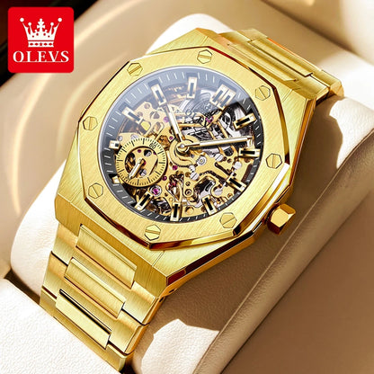 OLEVS Watches Luxury Man High Quality Original Fully Skeleton Automatic Mechanical Watch Stainless Steel Men Watches Gifts Box